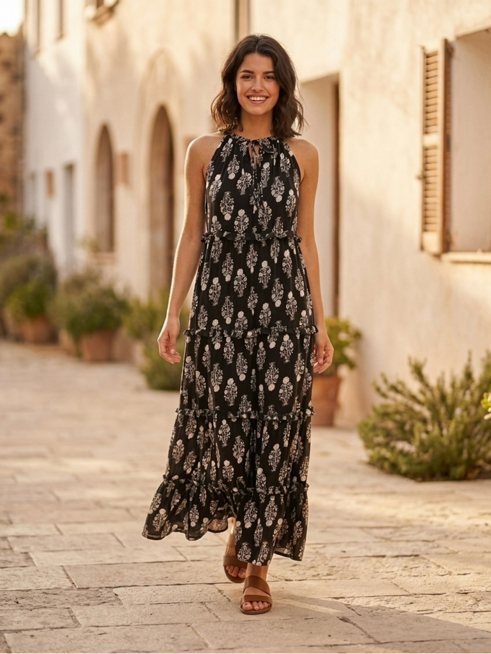 Caroline Constas Tiered Floral Print Cotton Maxi Dress Boho Vacation Size L
